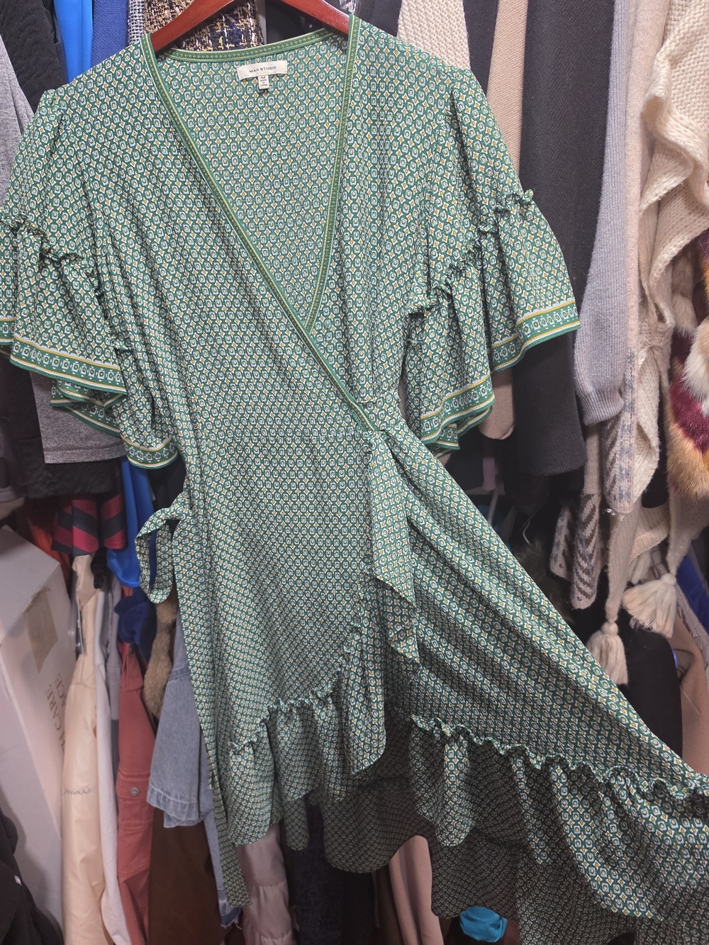 Max Studio Green Printed Wrap Dress with Ruffle Details
